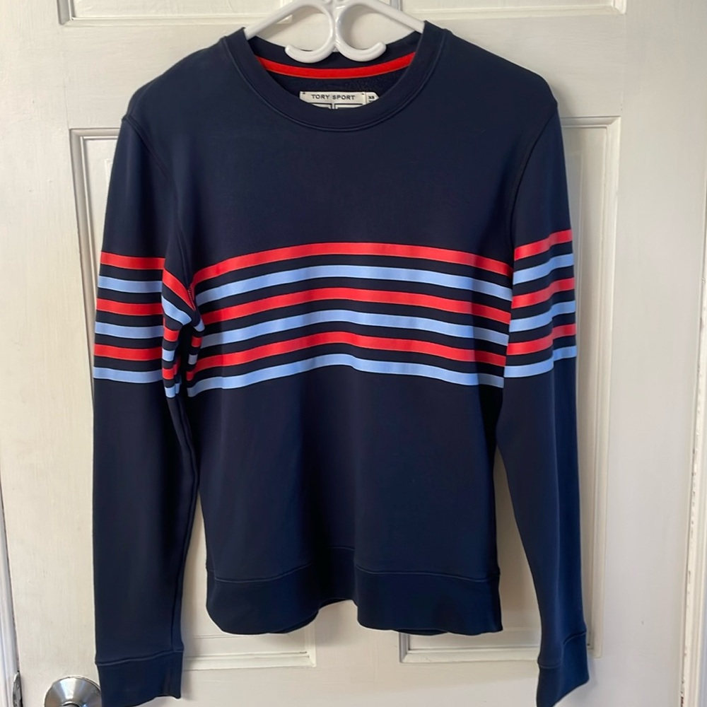 Tory Burch Sport Striped French Cotton-terry Sweatshirt in Navy, women’s size XS